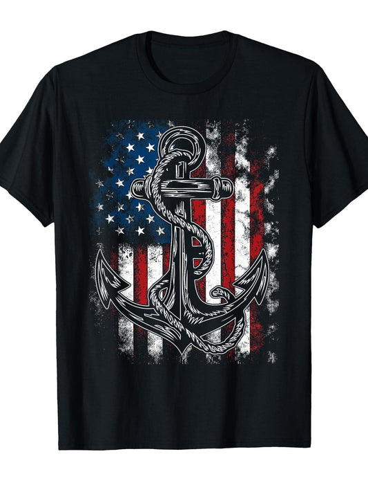 American Flag Patriotic Anchor - Memorial Day 4th Of July T-Shirt Anchor 180gsm Cotton Round Neck Short Sleeve Men Casual T-Shirt