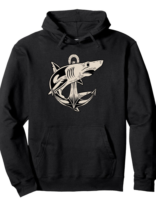 Anchor and Shark Captain Pullover Hoodie Anchor Black 250gsm Cotton Long Sleeve Men Casual Hoodie
