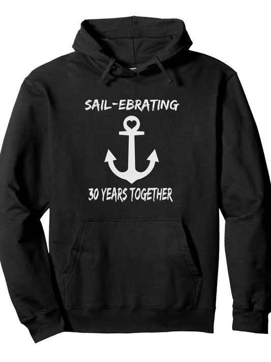 30th Anniversary Cruise Heart Nautical Boat Anchor 30 Years Pullover Hoodie Anchor Black 250gsm Cotton Long Sleeve Men Casual Hoodie