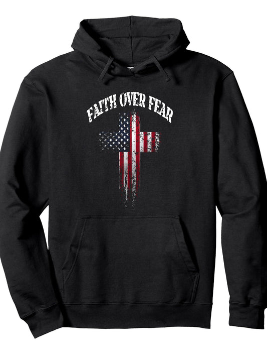 American USA Flag Christian Cross Faith Over Fear Pullover Hoodie Faith Over Fear Black 250gsm Cotton Long Sleeve Men Casual Hoodie