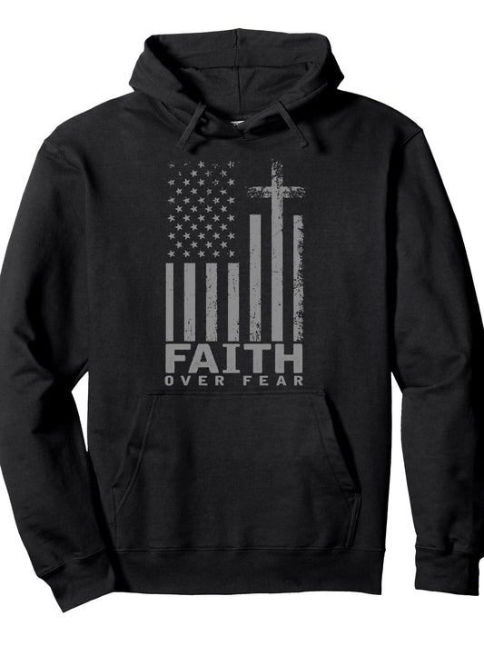 America Pride US Flag Faith Over Fear Prayer Pullover Hoodie Faith Over Fear Black 250gsm Cotton Long Sleeve Men Casual Hoodie